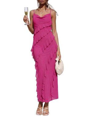 Women's Rosered Spaghetti Strap Formal Bodycon Wedding Guest Maxi Dresses